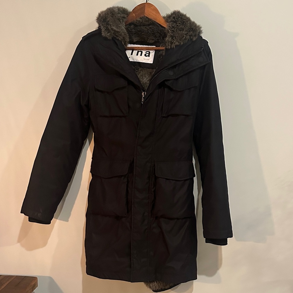 Aritzia TNA Black Fur-Trimmed Military Coat